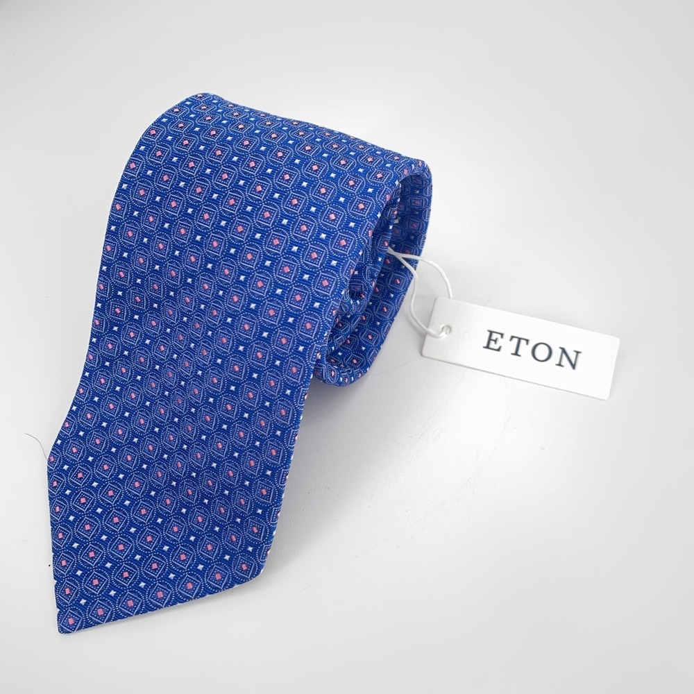 Eton Tie Mens One Size Blue Patterned Silk Luxury Classic Necktie Italy Made NWT